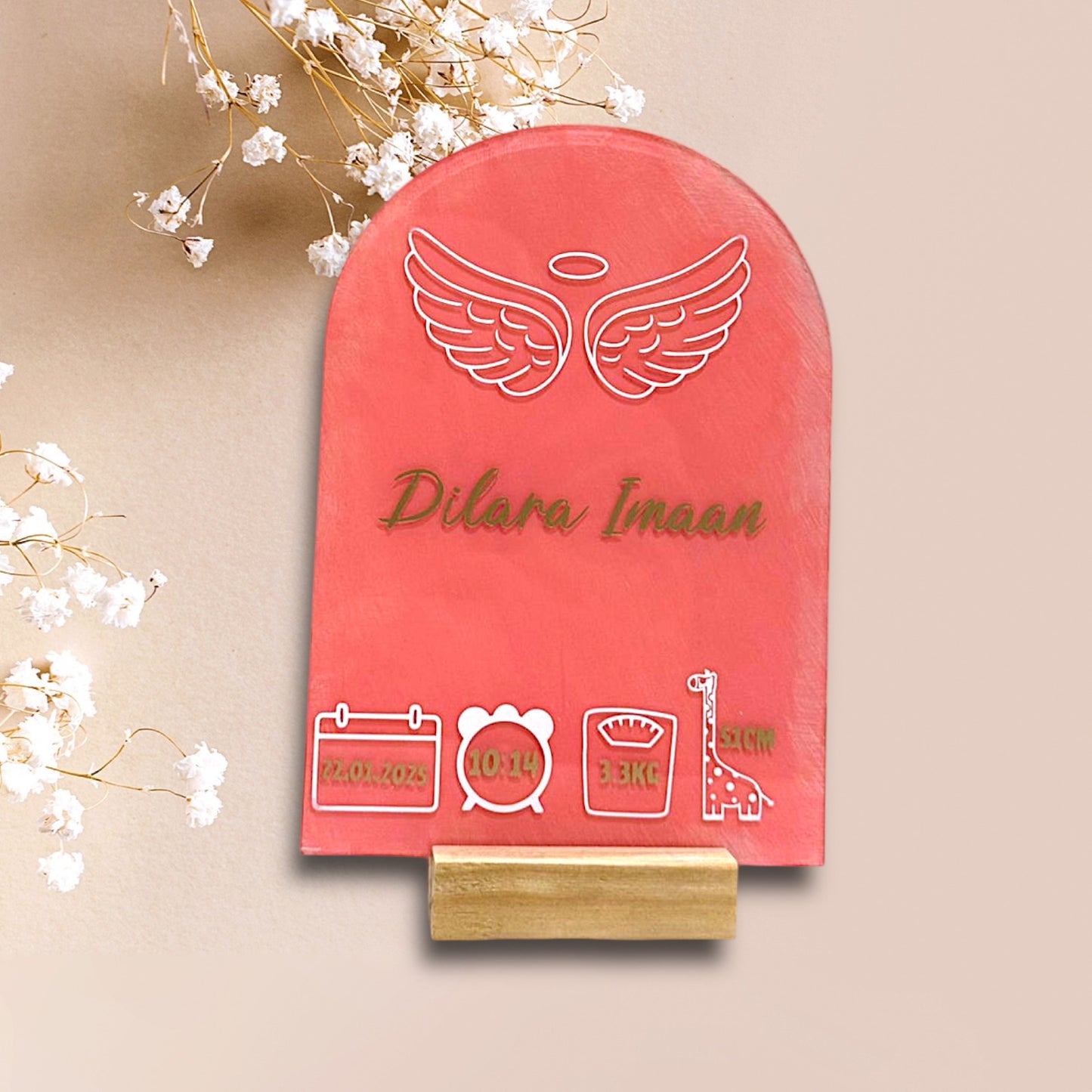 Personalised Baby Name Plaque with Birth Details & Stand
